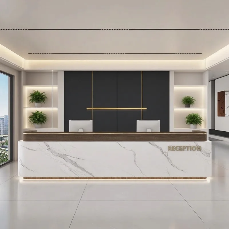 Modern minimalist company front desk, reception counter, hotel lobby service bar, marble lacquered bar table, custom table