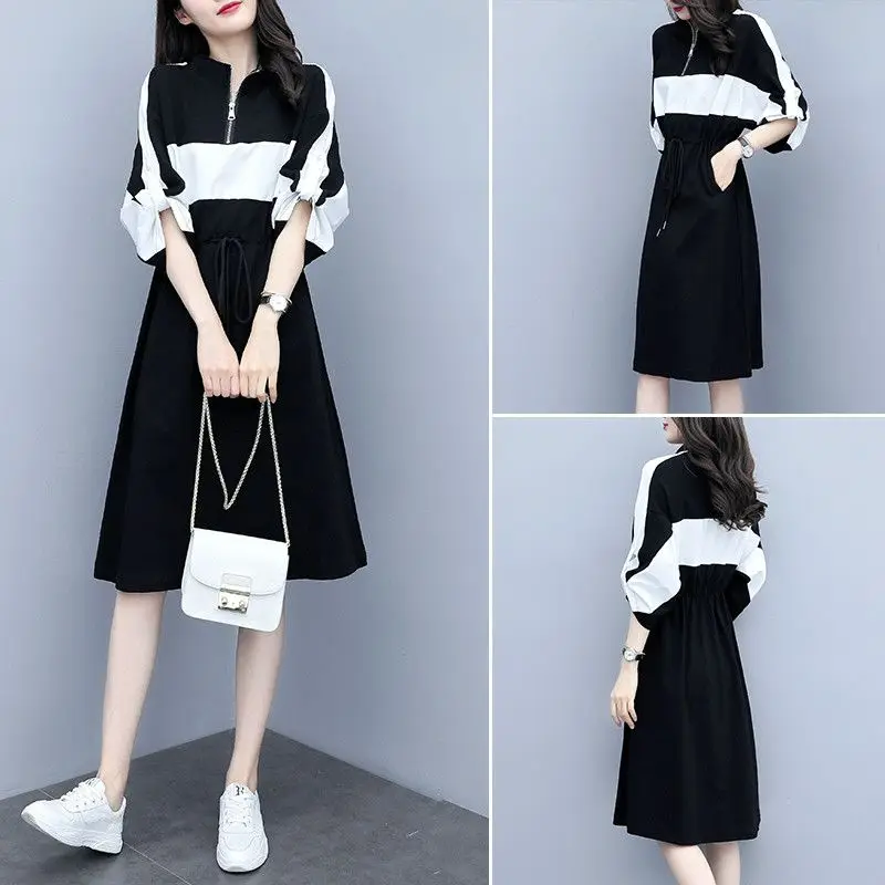 Fashion Stand Collar Zipper Shirring Lace Up Bow Casual Dresses Female Clothing 2024 Spring Summer New Loose Korean Midi Dress