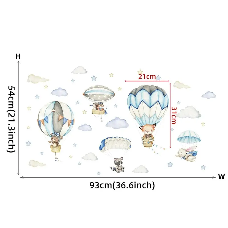 1PC Watercolor Animals Hot Air Balloon Clouds Stickers for Waterproof Removable PVC Kids Room Kindergarten Home Decoration