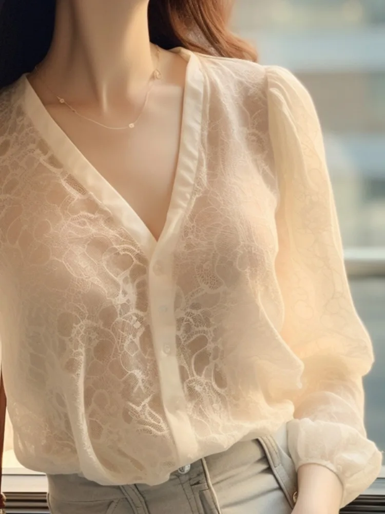 Chic Summer Blouse Women 2024 Blusas Mujer De Moda Puff Sleeve V-neck Lace Shirts Loose Fashion Korean Sweet Vintage Blouses Top