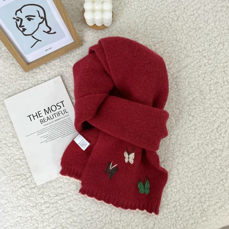 

Женские шарфы, новые корейские зимние теплые плюшевые утолщенные удобные вязаные шарфы для девочек, контрастные милые каваи с бабочкой