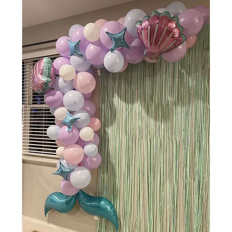 87pcs Mermaid Balloon Garland Arch Kit Purple Blue Balloon With Sea Shell Mermaid Tail Little Mermaid Birthday Party Decoration