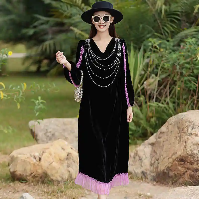 Spring Autumn V-Neck+ Beading Women's New High End Silk+Velvet Luxury Black Spliced Lace Loose Medium length Dress One Size