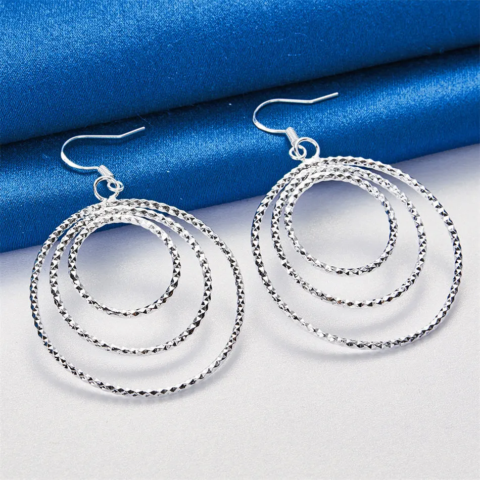 Charming 925 Sterling Silver Exquisite Three-Layer Large Hoop Earrings for Women, Fashionable Wedding Gift Jewelry