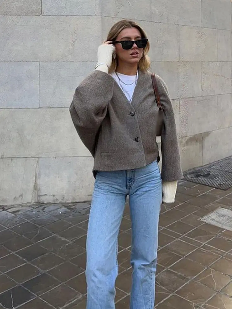 Women Woolen Blends Solid Blazer Coat Fashion Loose Single Breasted Long Sleeve Pockets Jackets Chic Female Commuter Coats