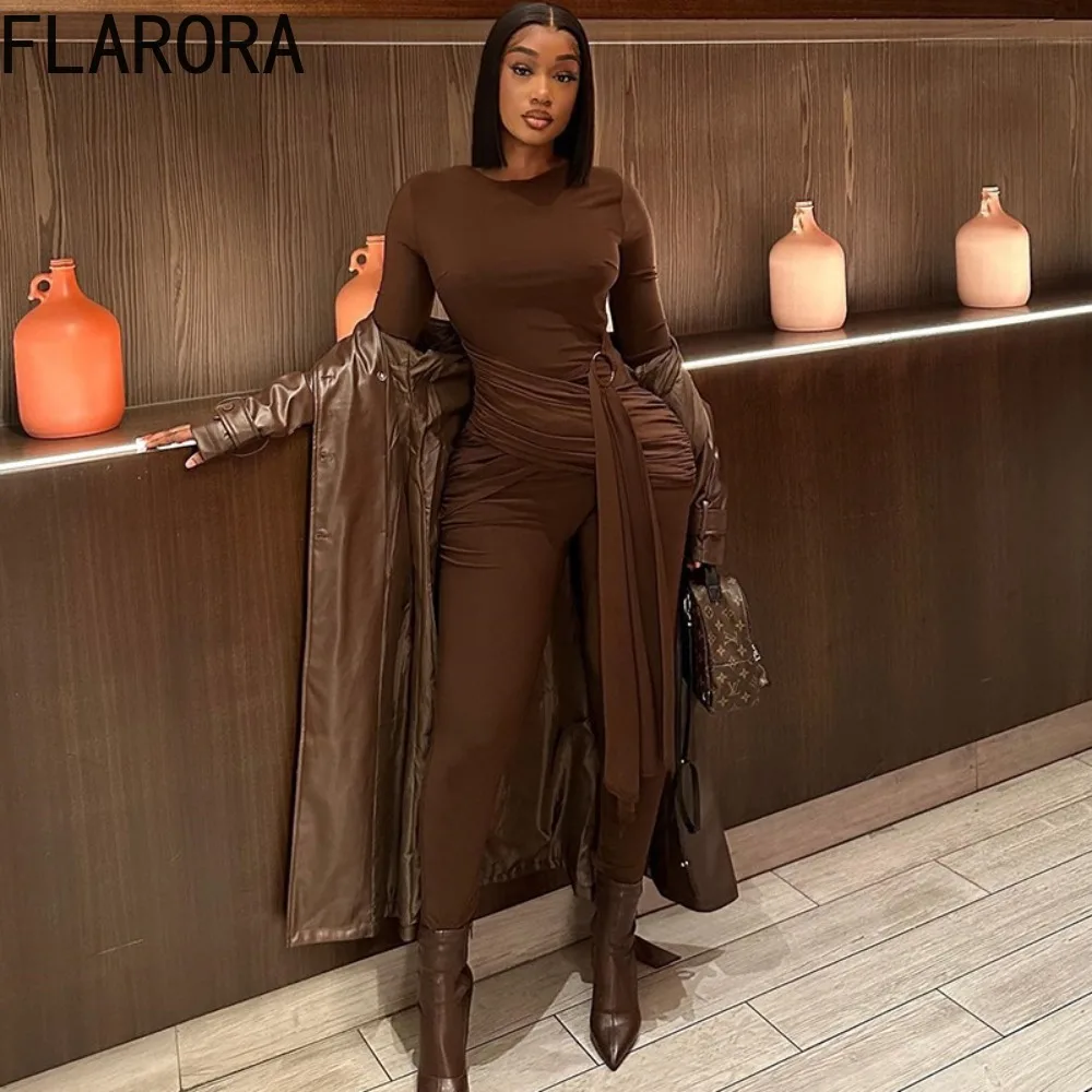 FLARORA Jumpsuit Patchwork Pita Elegan Wanita Warna Solid Leher Bulat Lengan Panjang Bodycon One Piece Playsuits Pakaian Klub Pesta