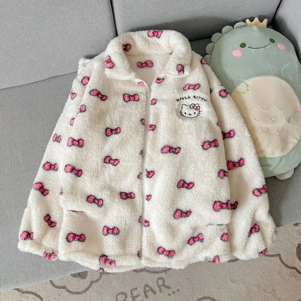 حار سانريو مرحبا كيتي الفتيات المخملية الدافئة منامة مجموعة أنيقة سيدة الترفيه الحلو سستة Homewear قطعتين مجموعة المرجان الصوف