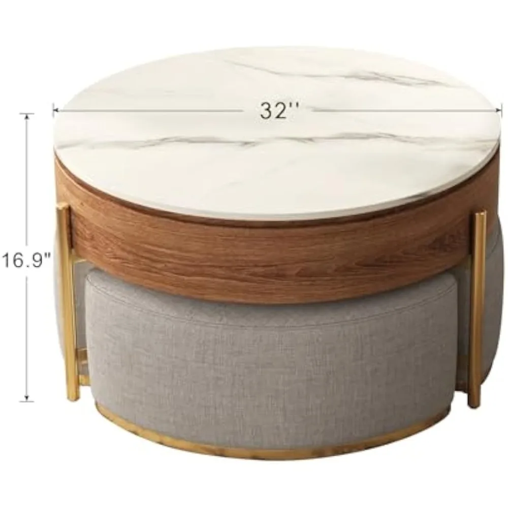 Coffee Table Set, Round Marble Tables with Storage and Nesting Ottomans, Lift Top Coffee Table Set