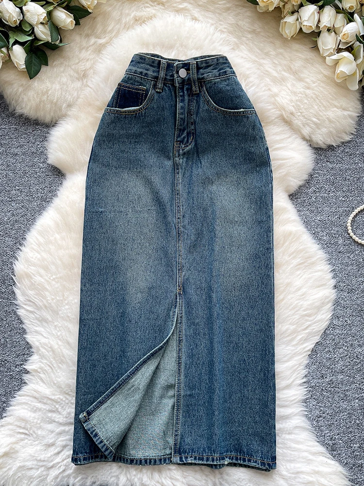 

European American Style Denim Skirt For Women Summer New High Waist Slimming Slit Skirts Vintage Spicy Girl Mid-ength Skirt