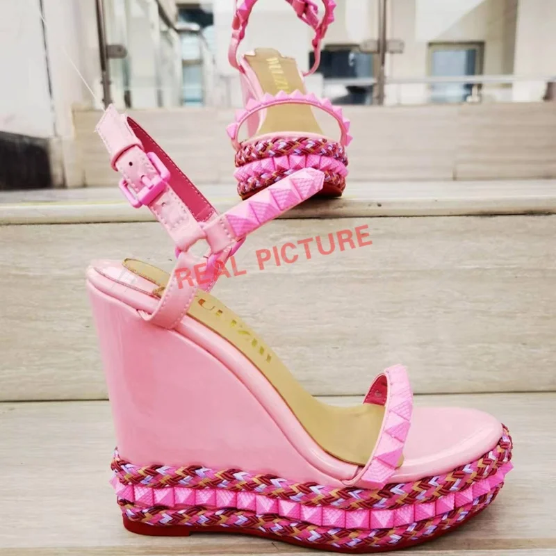 Donne New Full Pink Stud Wedge sandalo Platform Slingback String Bead Ruffle Design Heels Round Shallow Casual Office Lady Shoes