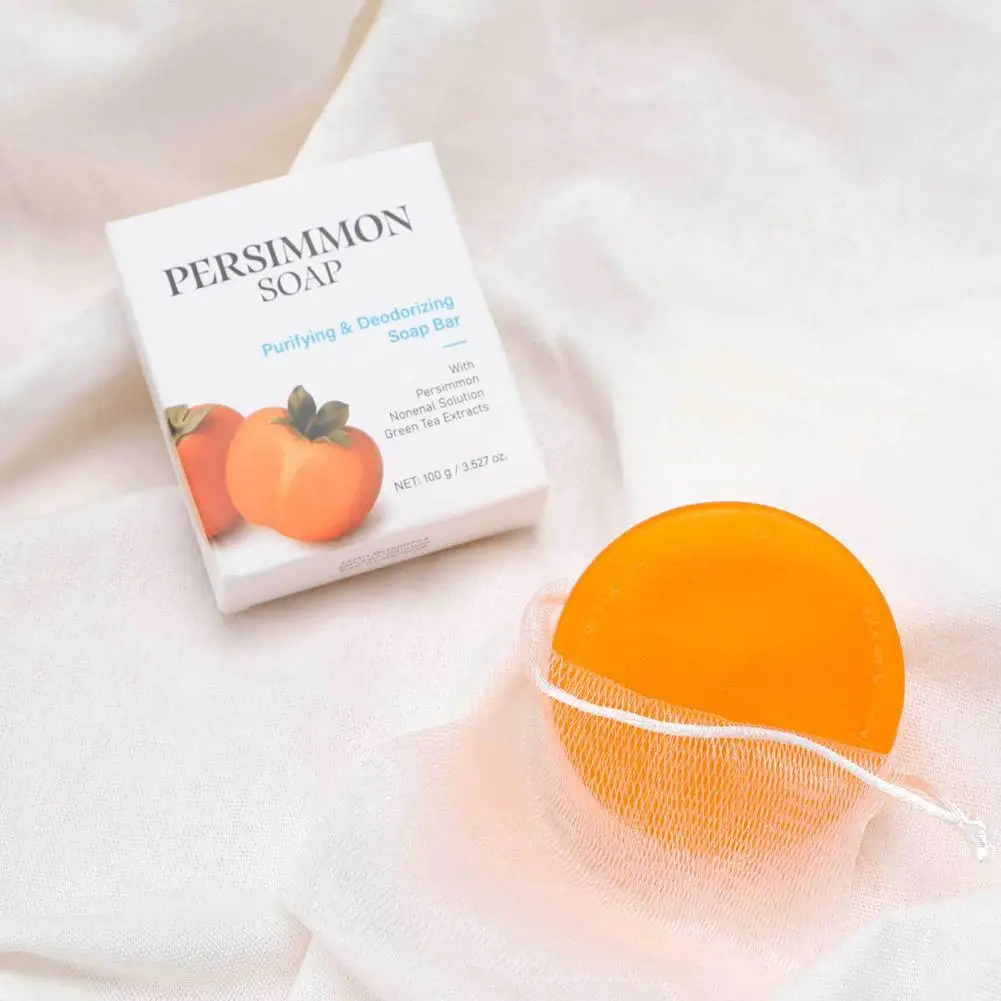 100g Persimon-Reinigungsseife mit Schaumnetz Körperpflege Gesichtsreinigung Peeling-Körperseife Frucht Handgemachte Duschseife