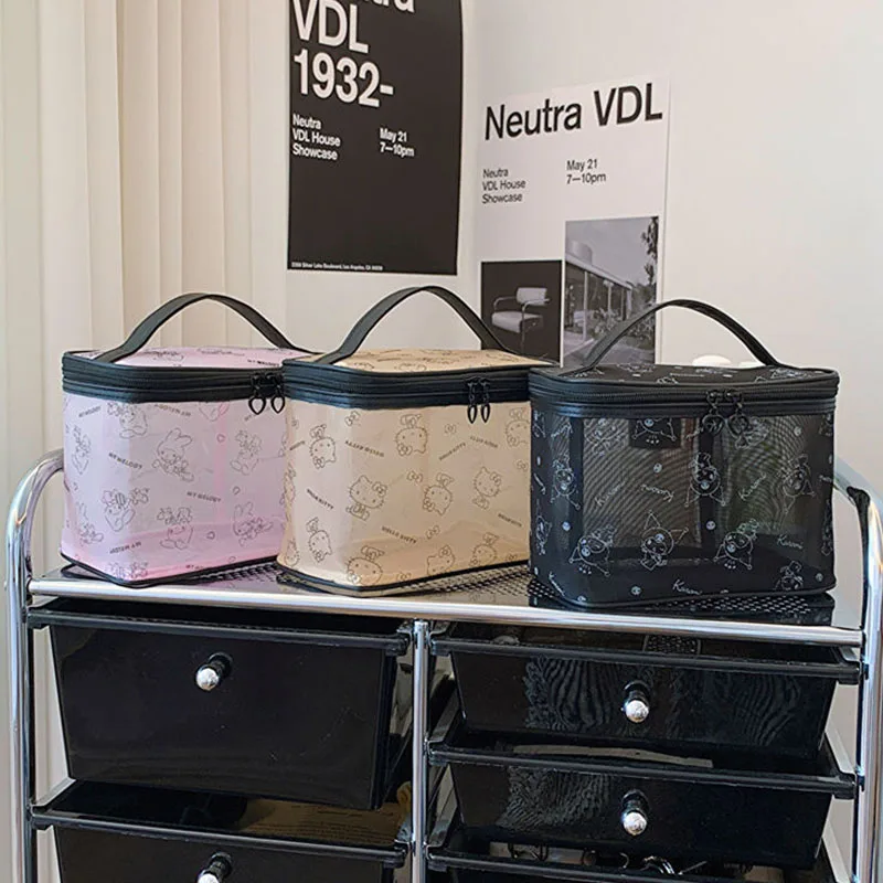 Anime Sanrio Olá Kittys Kuromi Bolsa de Maquiagem, Bonito Impressão Completa, Padrão Kawaii, Malha Portátil, Oco Out Washbag, Brinquedos para Menina, Presente