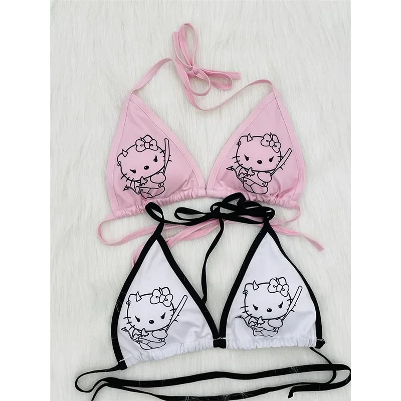 Miniso Sanrio Sexy Bikini Hello Kitty Y2K Kawaii Anime Swimsuit Sweet Hottie Lace-Up Underwear Hot Spring Clothing Girl Bra Set