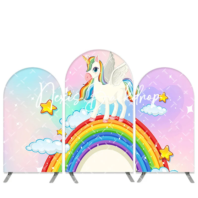 Rainbow Unicorn 2-Sided Arch Backdrop for Girls Gradient Fairy Sky Party Decorations Stars Cloud Banner for Children's Birthday