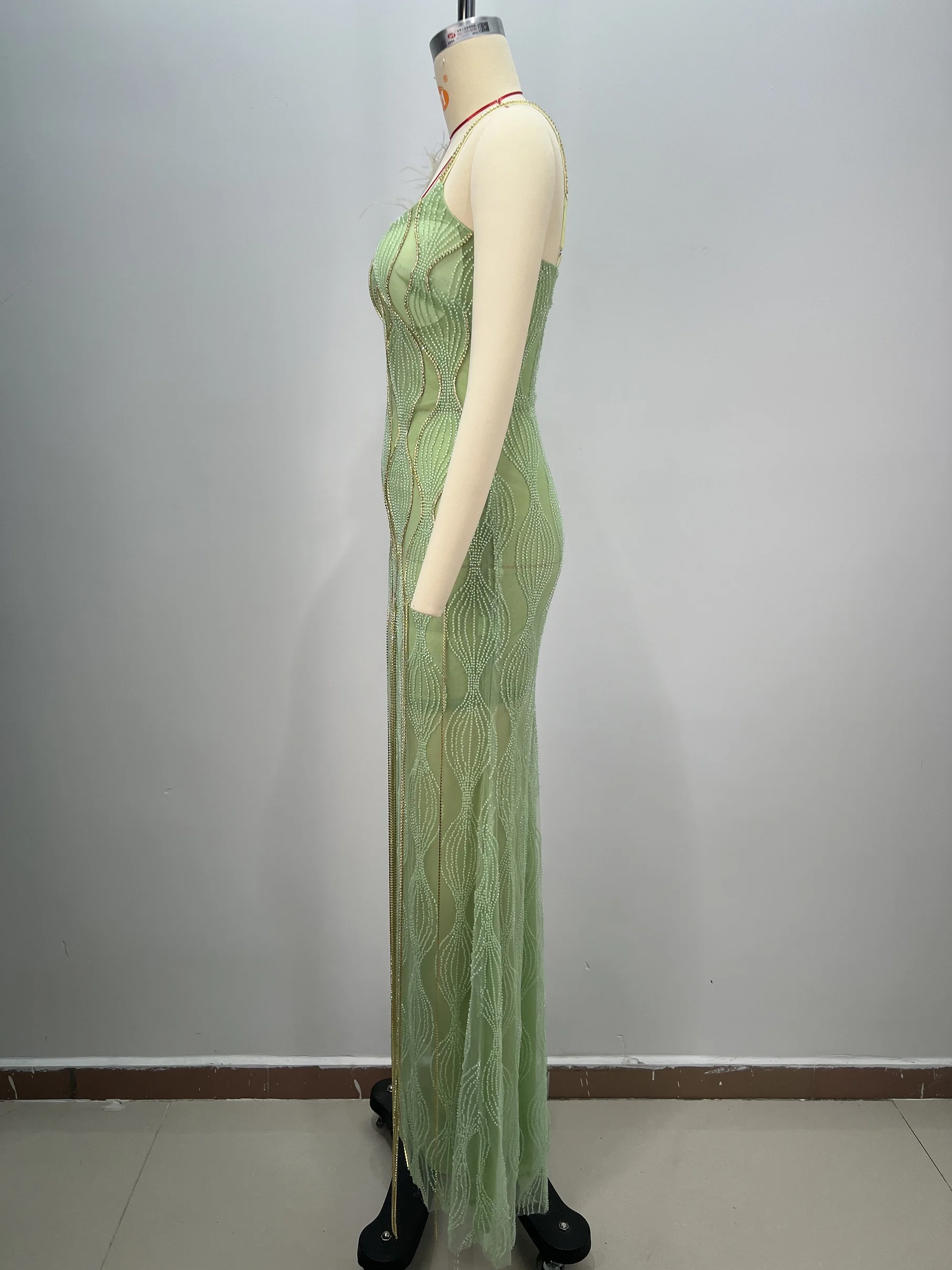 Women's Sage Green Sequin Bandage Dress Feather Trim Deep V Neck High Slit Mermaid Evening Gown Formal Party Wear