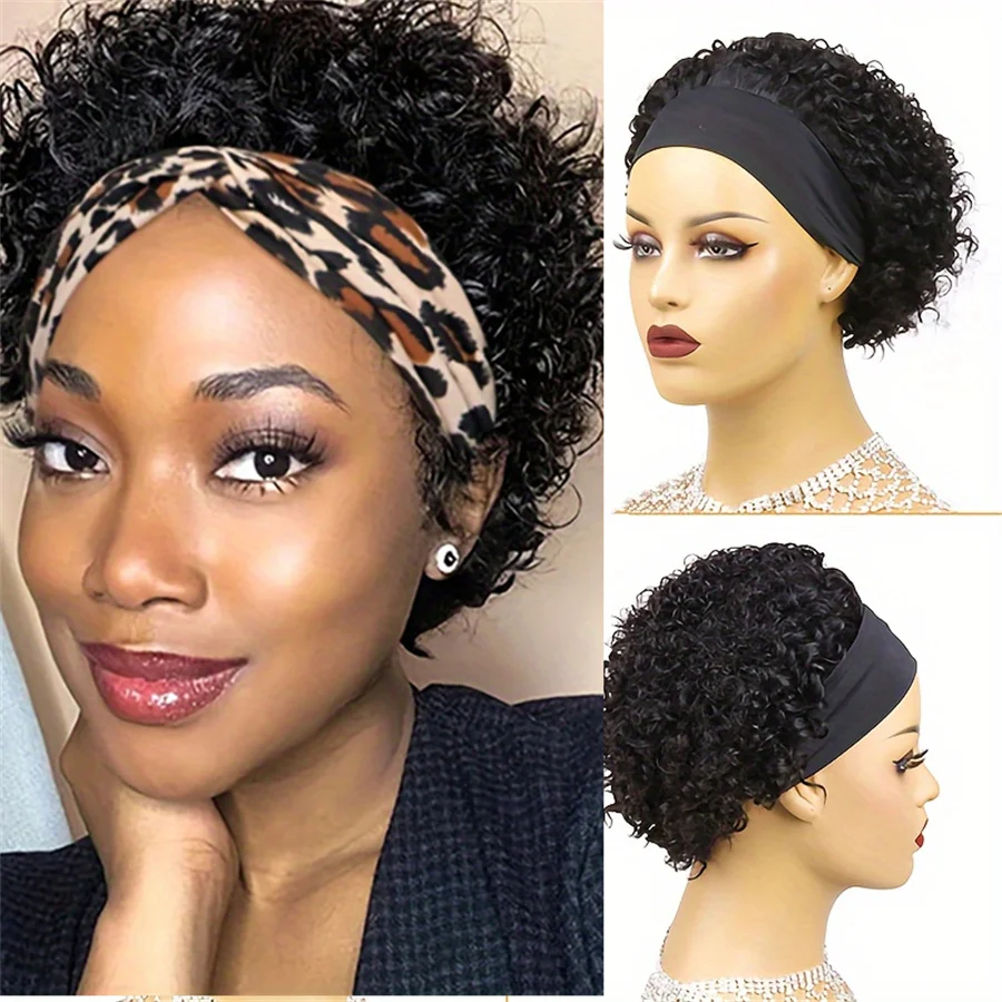 

headband wig 6inch natural black color 150% density remy hair wig short curly pixie cut human hair wig for women daily use wig