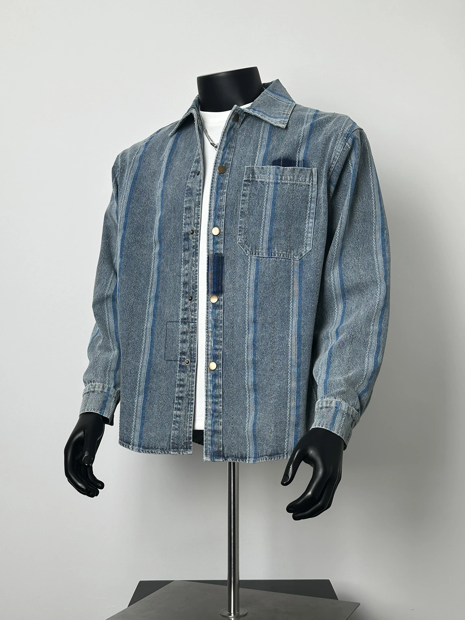 

Retro Waed American Sle Casual Loose Men's Denim irt Striped Outerwear Spring Season Youth Faion Classic Collar