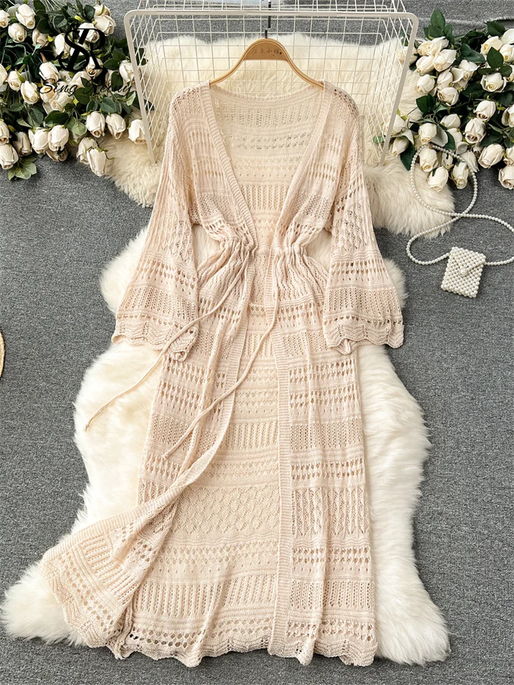 SINGREINY Korean Gentle Thin Shawl Knitted Long Cardigan 2024 Summer Hollow Out Hook Flower Holiday Sun-proof Clothing Cardigan