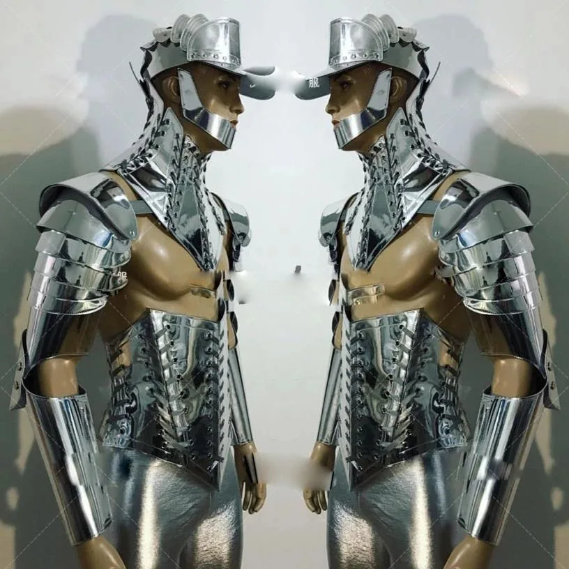 Model Muscle Male Gogo Costume Nightclub Show Singer Dance Costume Ds Future Warrior Technology Catwalk Silver Mirror Armor