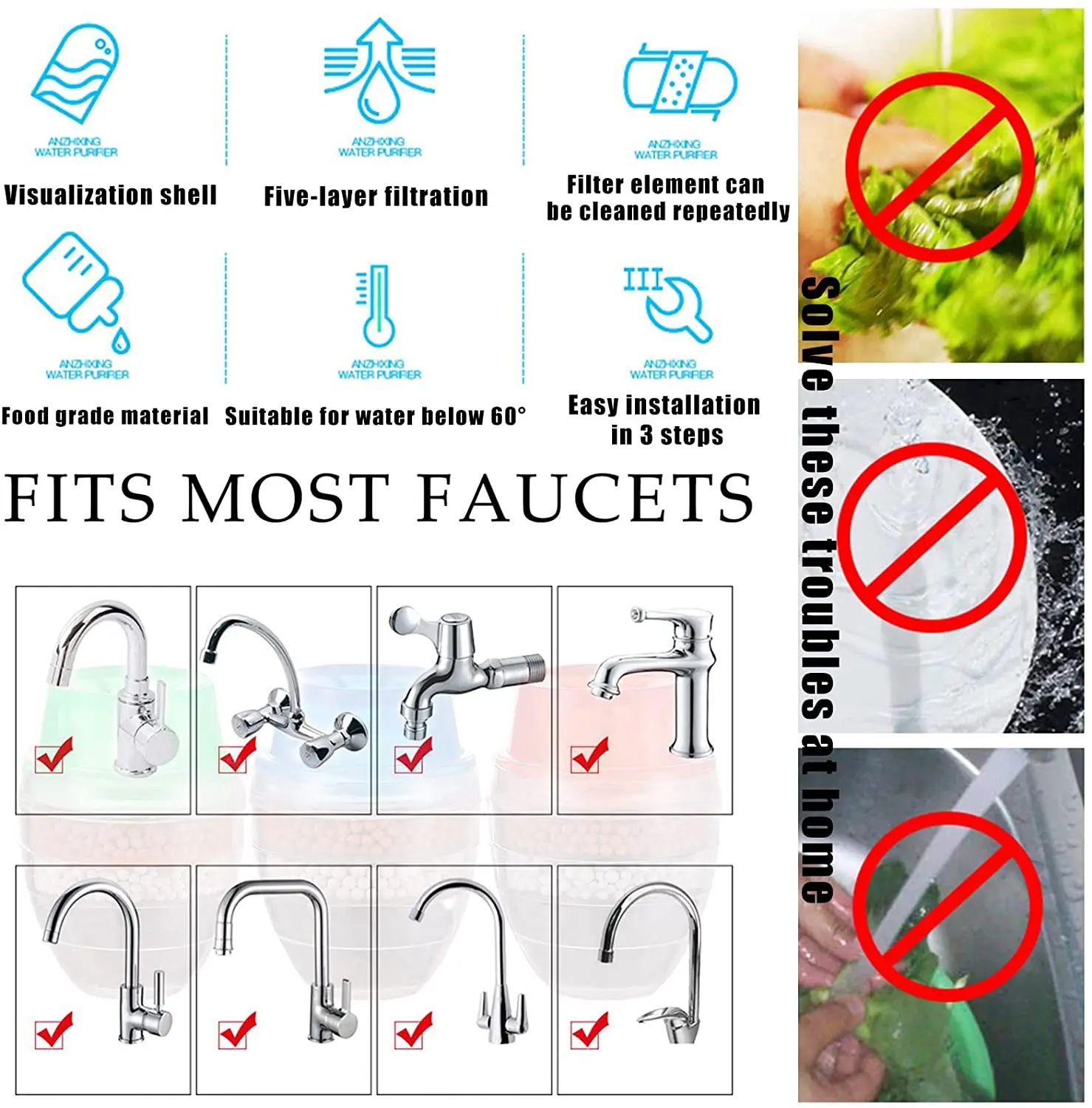 5 Layers Activated Carbon Faucet Filter Splash Proof Water Purifier Kitchen Tap Filter Bathroom Faucet Filter Purification Tool