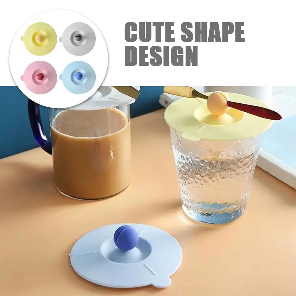 

4pcs Silicone Cup Cover With Spoon Holder Cute Cartoon Design Universal Reusable Lid For Mug Glass Water Bottle Home Kitchen