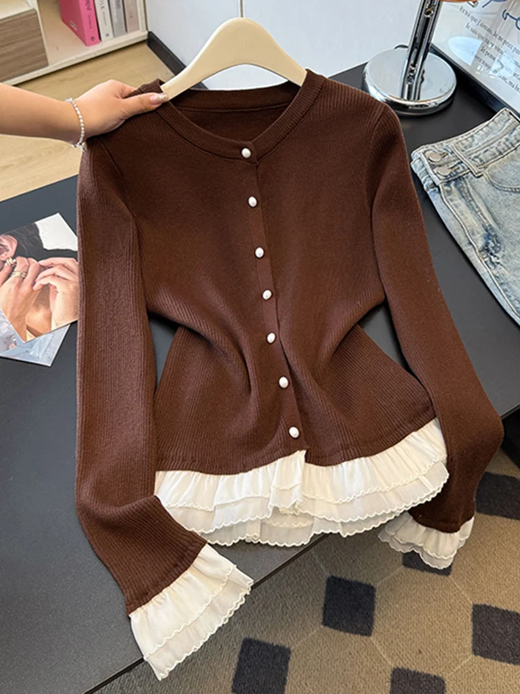 

Вязаный свитер с кружевными вставками и круглым вырезом для женщин, новая зимняя модная модель с цветным дизайном, повседневный топ с длинными рукавами для путешествий