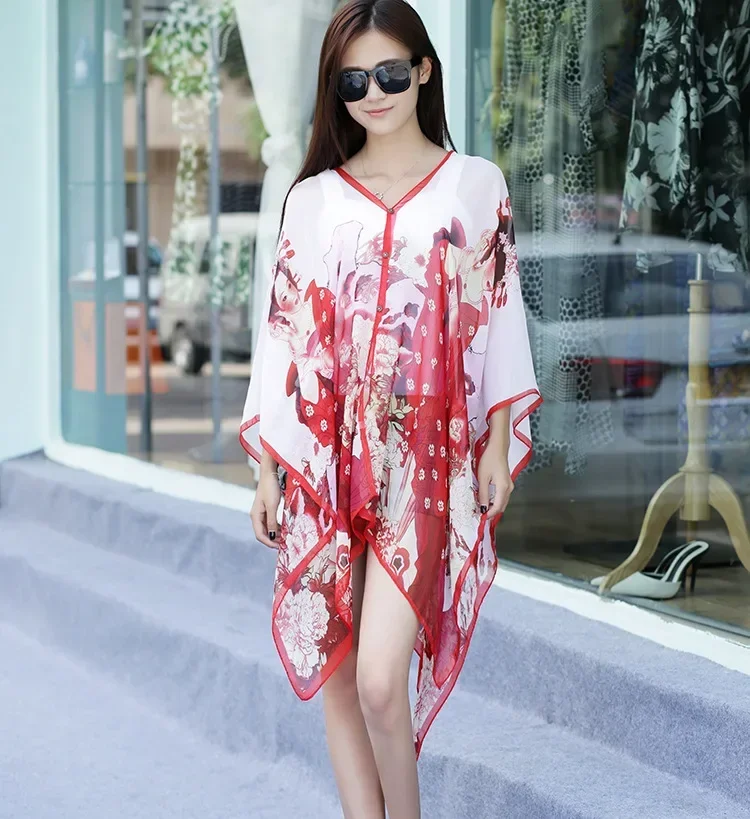 2025 New Summer Chiffon Pearl Buckle Sunscreen Shawl Ancient Beauty Figure Sunshade Beach Imitation Silk Scarf Women Cloak Red