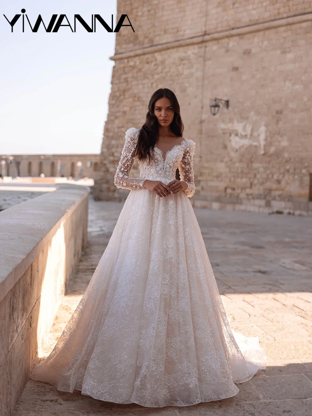 

Ivory Beaded Lace Wedding Dress With Detachable Sleeve 3D Flower Floor-length Bridal Gown Customized A-line Dresses For Bride