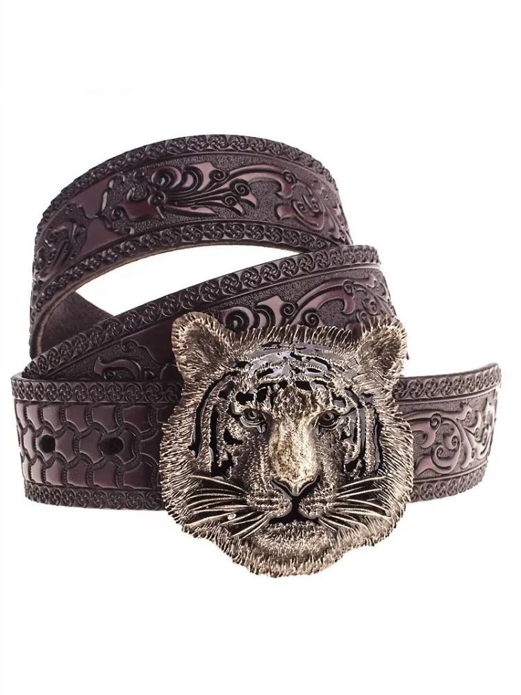 Vintage Mens Wing Tip Tiger Buckle Cow Split Leather Belt Punk Style Waistband Fashion Strap For Pants Male Belts