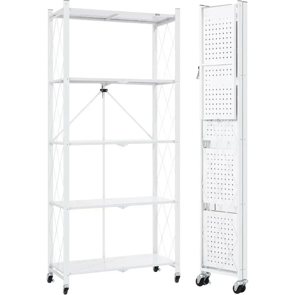 

Metal Storage Shelves, 5 Tier Folding Storage Shelves on Wheels, Heavy Duty Collapsible Shelving Unit, No Assembly Storage Rack