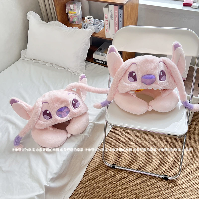 Disney Stitch Angel Creative Anime Movie Character U-vormig kussen met capuchon, gepersonaliseerde schattige cartoon paar draagbare nekkraag