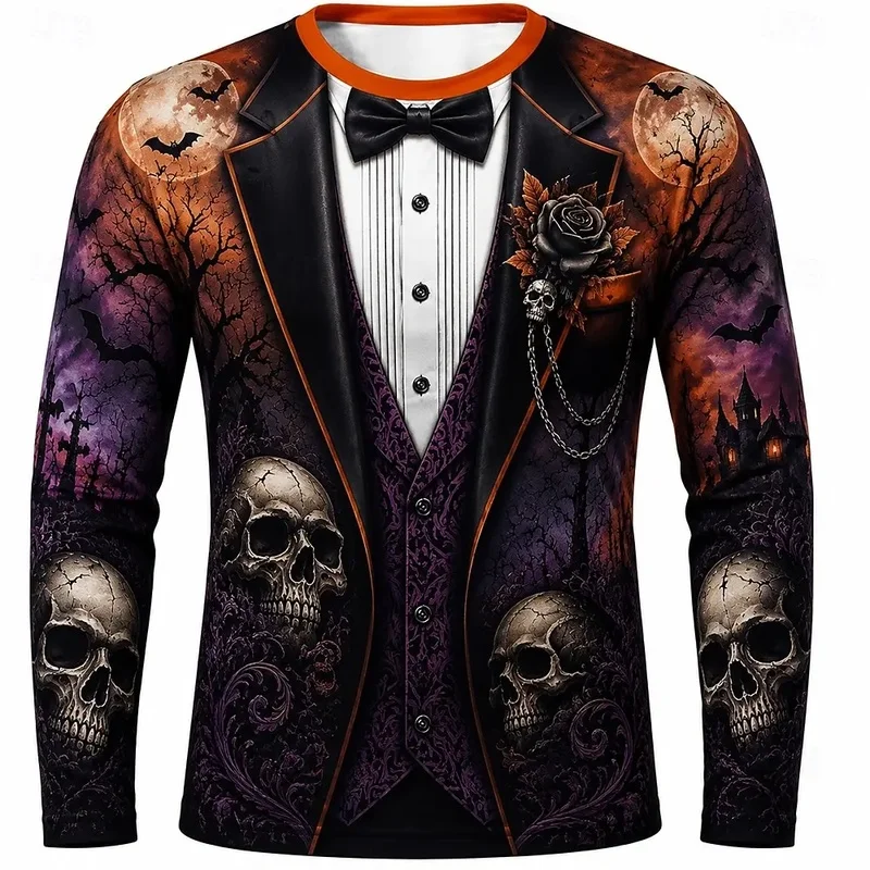 Halloween Men's Skull T Shirt Long Sleeve T shirt 3D Print Crew Neck Shirt Fashion Exaggerated Casual men tops