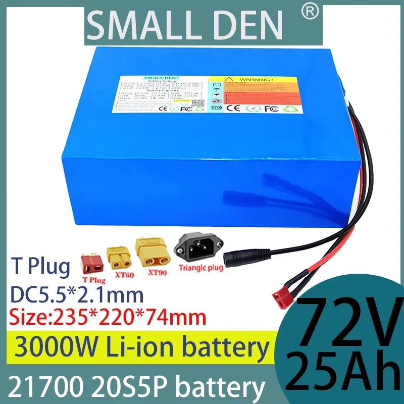 

72V 25Ah rechargeable lithium battery pack 21700 72V 20S5P 84v 1000W 2000W 3000W high-power battery+84V 2A 3A 5A charger