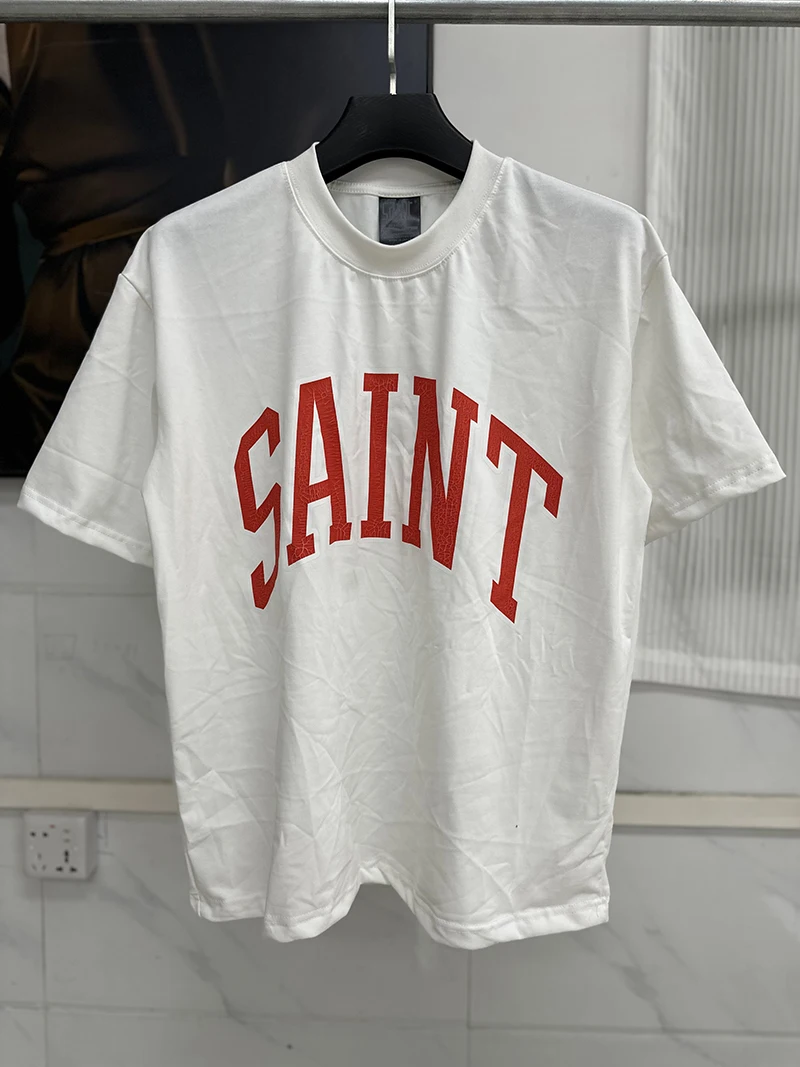 Vintage Washed Black Saint Short Sleeve T-Shirt Red Cracked Letter Logo Print Oversized Tee Unisex