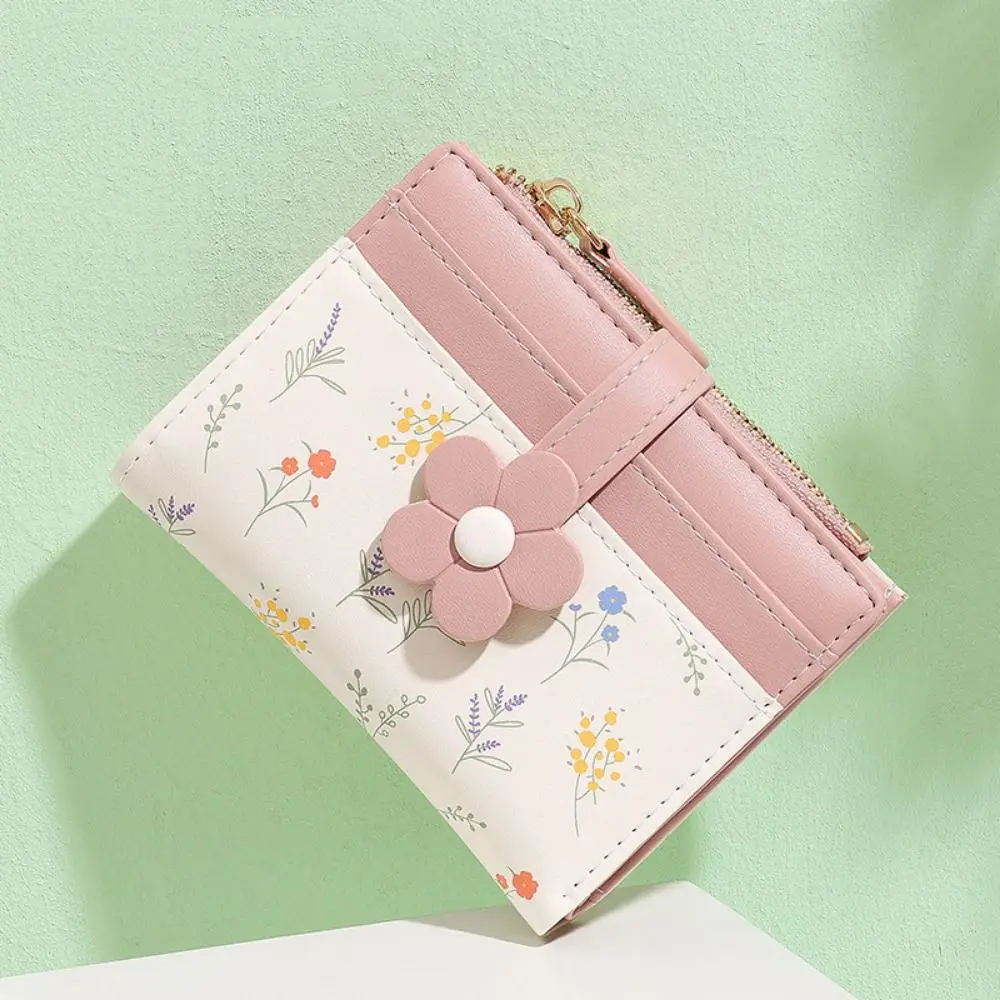 

Flowers Printed Mini Coin Purse Multi-Cards Slot PU Leather Women's Short Wallet Creative Zipper Mini Keychain Bag Girls