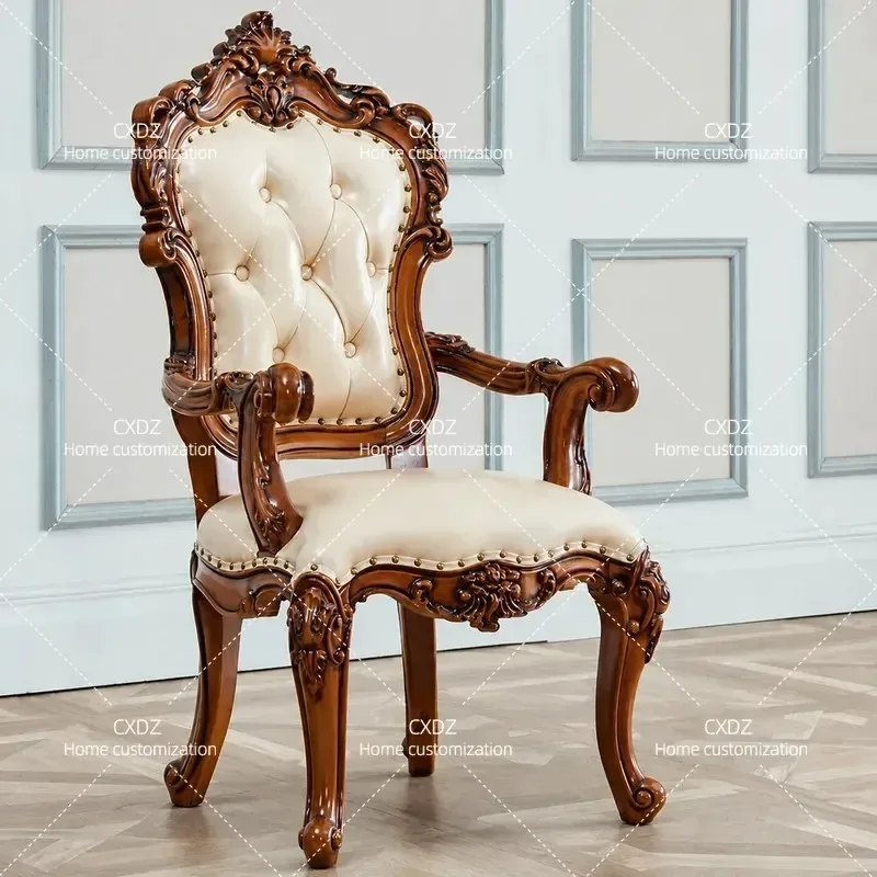 Neoclassical Solid Wood Tea Table and Chair Set Leather Dining Chairs Household Study Armchair Hotel Furniture