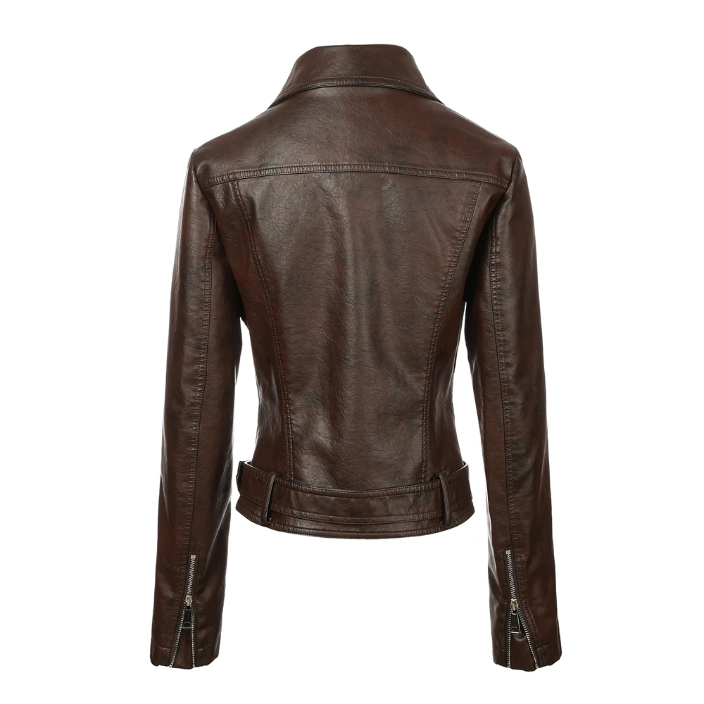 ​​Ladies' Front Zip Faux Leather Coat Belted Waist & Silver Studs | Back Princess Motorcycle Style​​