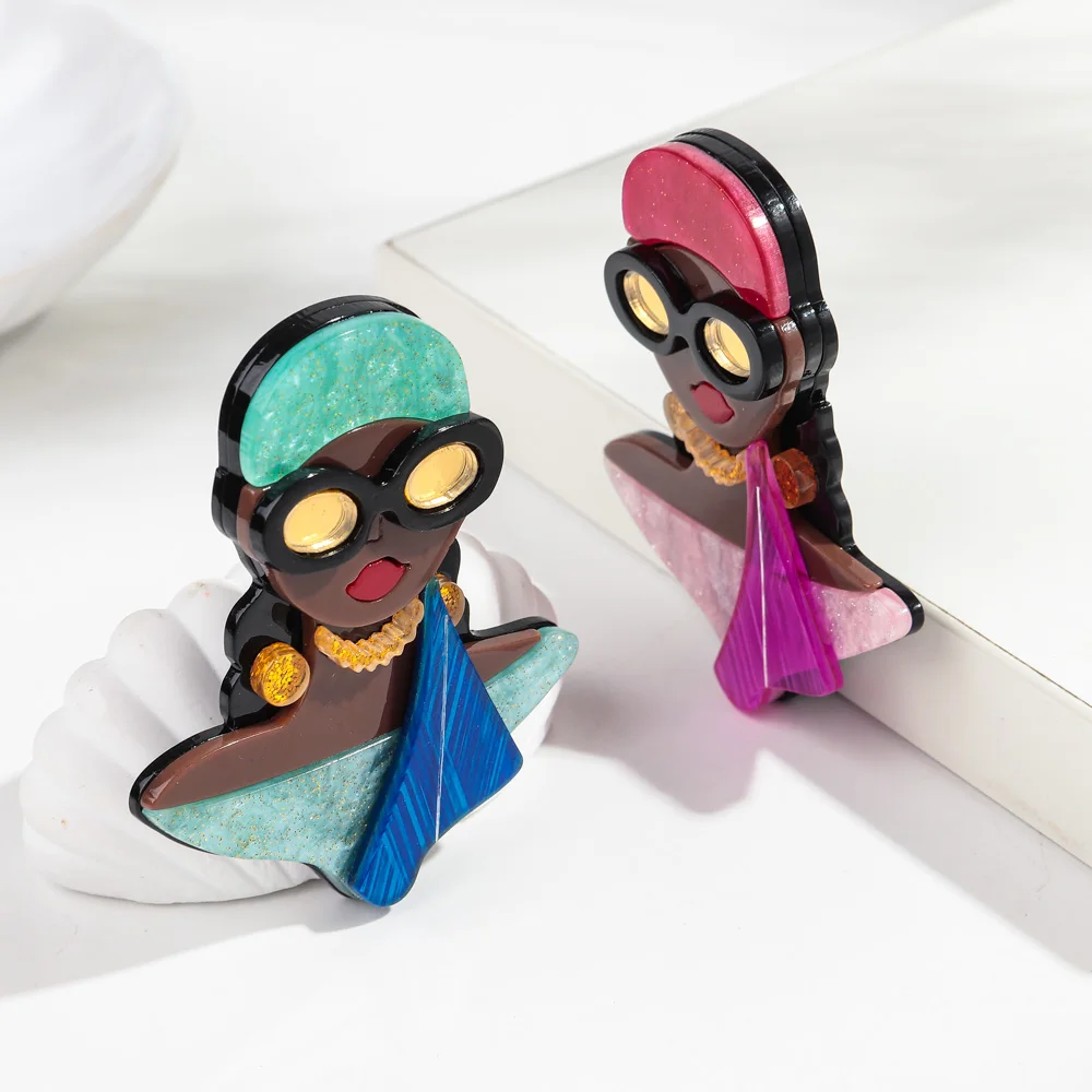 

New Acrylic Sunglasses African Lady Brooches for Women Fashion 2-Color Female Figure Badges Pins Jewelry Casual Accessories Gift