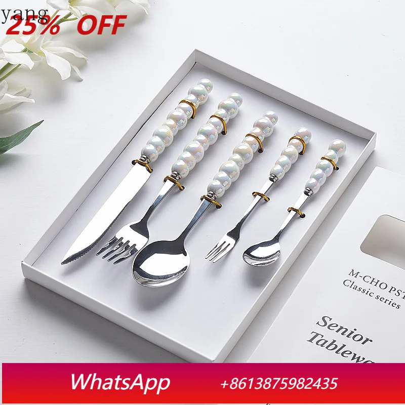 

LMM light luxury ceramic handle knife fork spoon gift box household high value stainless steel tableware set