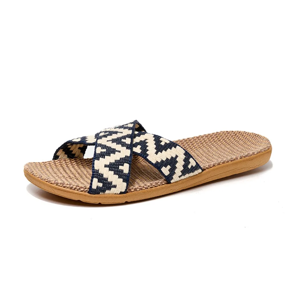 

Casual Ethnic Style Linen Cross Slippers Non-Slip Flax Patchwork Flat Slippers Soft Sweat Absorption Slipper Women Men Indoor