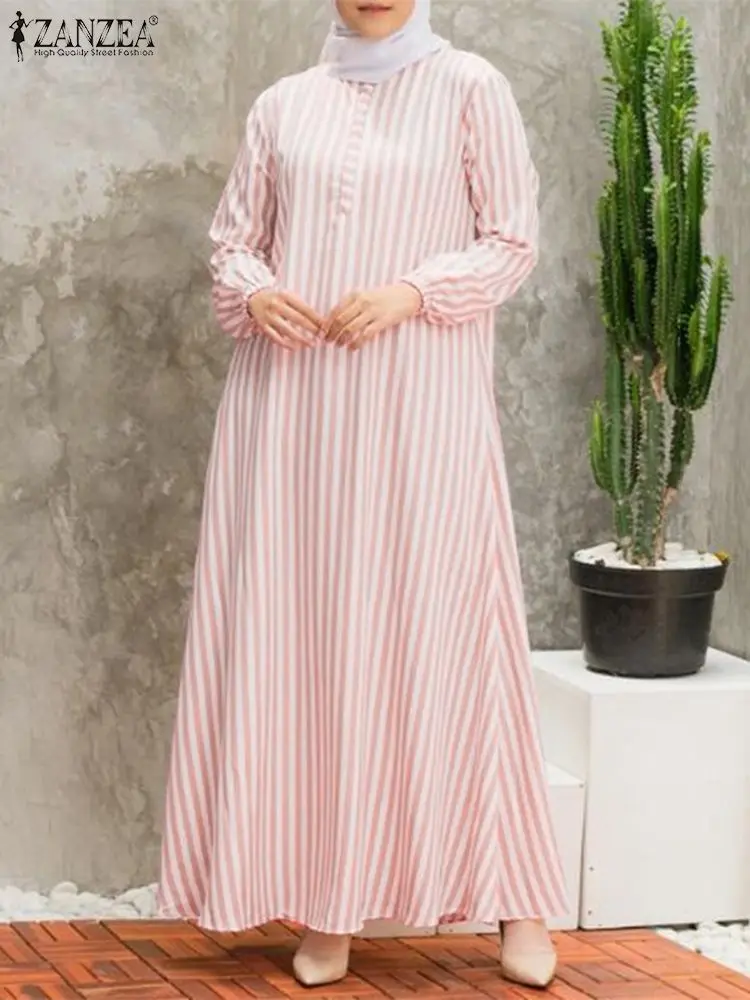 ZANZEA Muslim Fashion Striped Maxi Dress Women Casual Loose O Neck Long Sleeve Abaya Robe Islamic Hijab Streetwear Long Vestidos