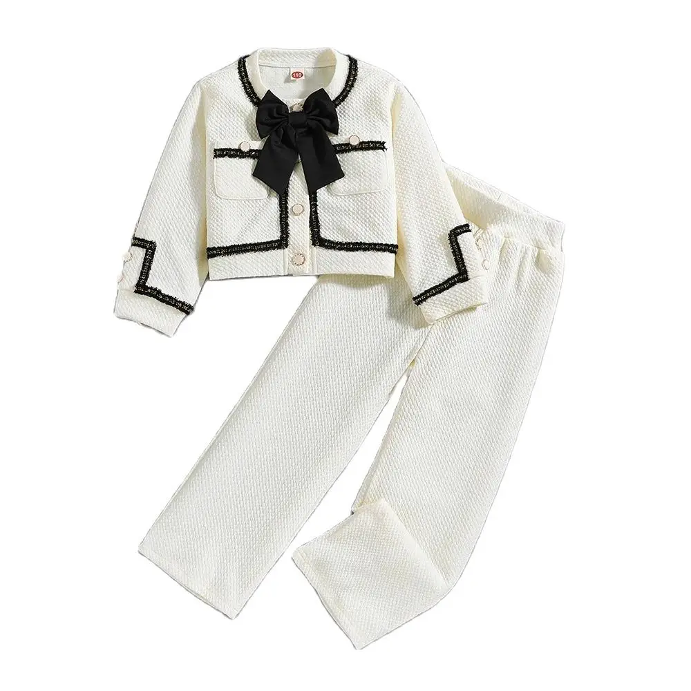 Girls Jacket With Bow + Wide Leg Pants Teenager 2pcs/Set Children Clothing Suit Kids Clothes For 3 4 5 6 7 8 Years White Color