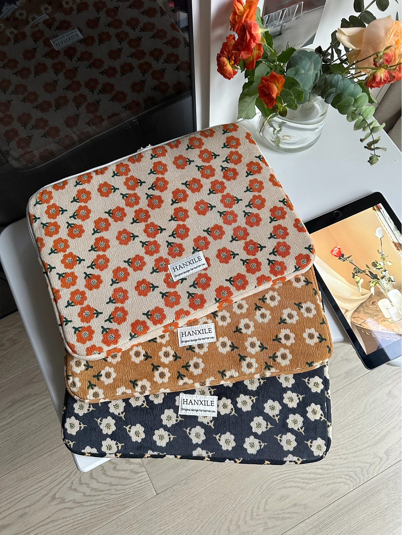 Bolso para portátil de pana retro con estampado floral, bolsa para tablet, bolsa de almacenamiento para portátil, bolsa portátil de 11/13/15 pulgadas