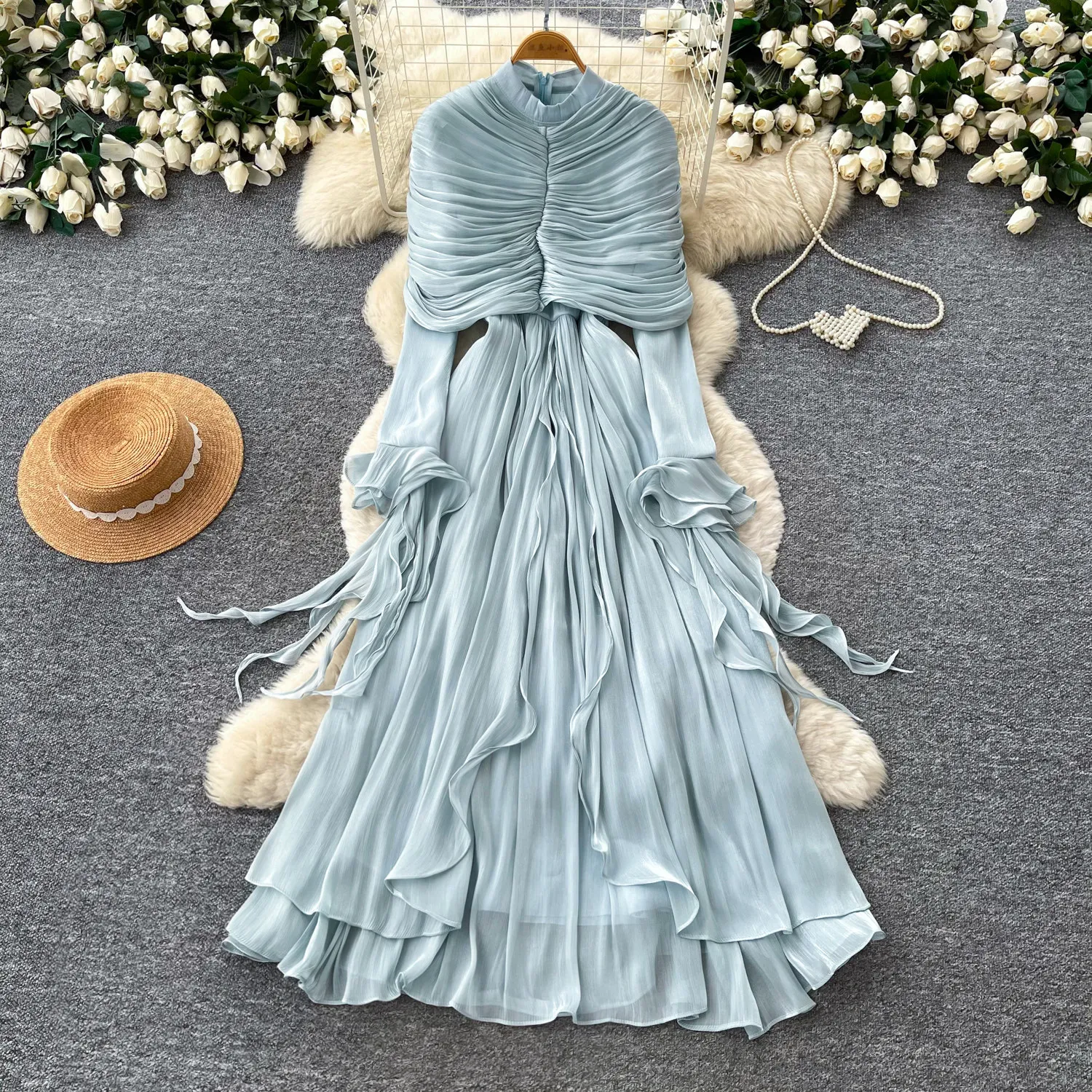 Elegantes Märchenkleid mit Schleife, Puffärmeln und Cape, Maxi-Kleid, A-Linie, Urlaubs- und Partykleid für Damen, Französischer Frühling/Herbst, Vestidos