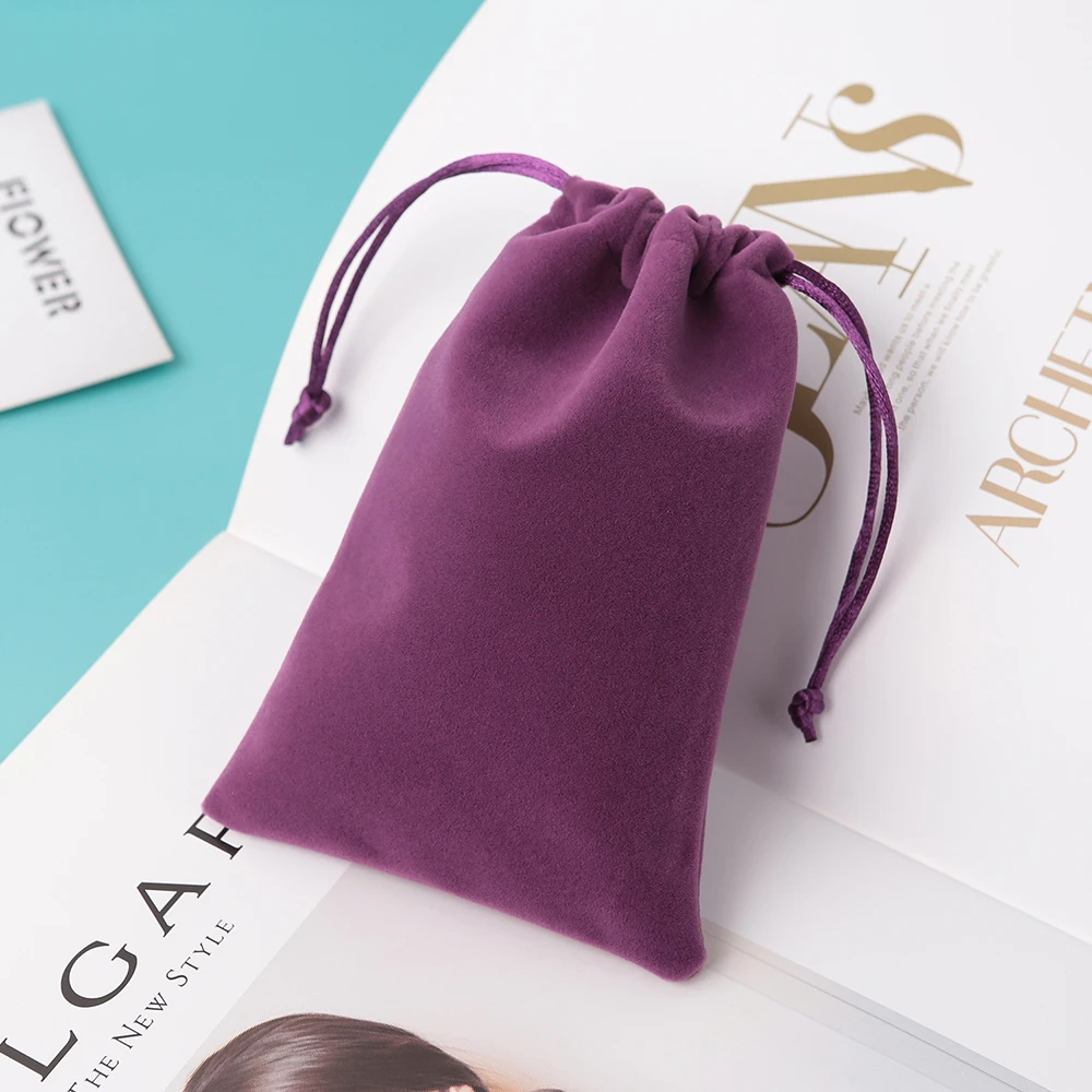 5 Stück Schmuckbeutel, lila, flach, offener Stil, Samt, Kordelzug, Perlen und Juwelen, Organizer, Display, Parfüm, Aromatherapie, Ölpackung – Detail 5