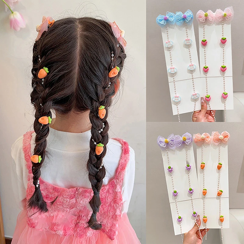 2PCS Little Girl Sweet Bow Hairpins Tassel Hair Chain Children\'s Lace Ribbon Headdress Cartoon Cute Animal Girl Braid Hair Clip