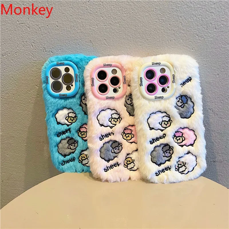 3D Cute Plush Embroidery Sheep Kickstand Case For iPhone 16 Pro Max 15 14 Plus 13 12 11 Fluffy Soft Phone Cover With Fold Holder