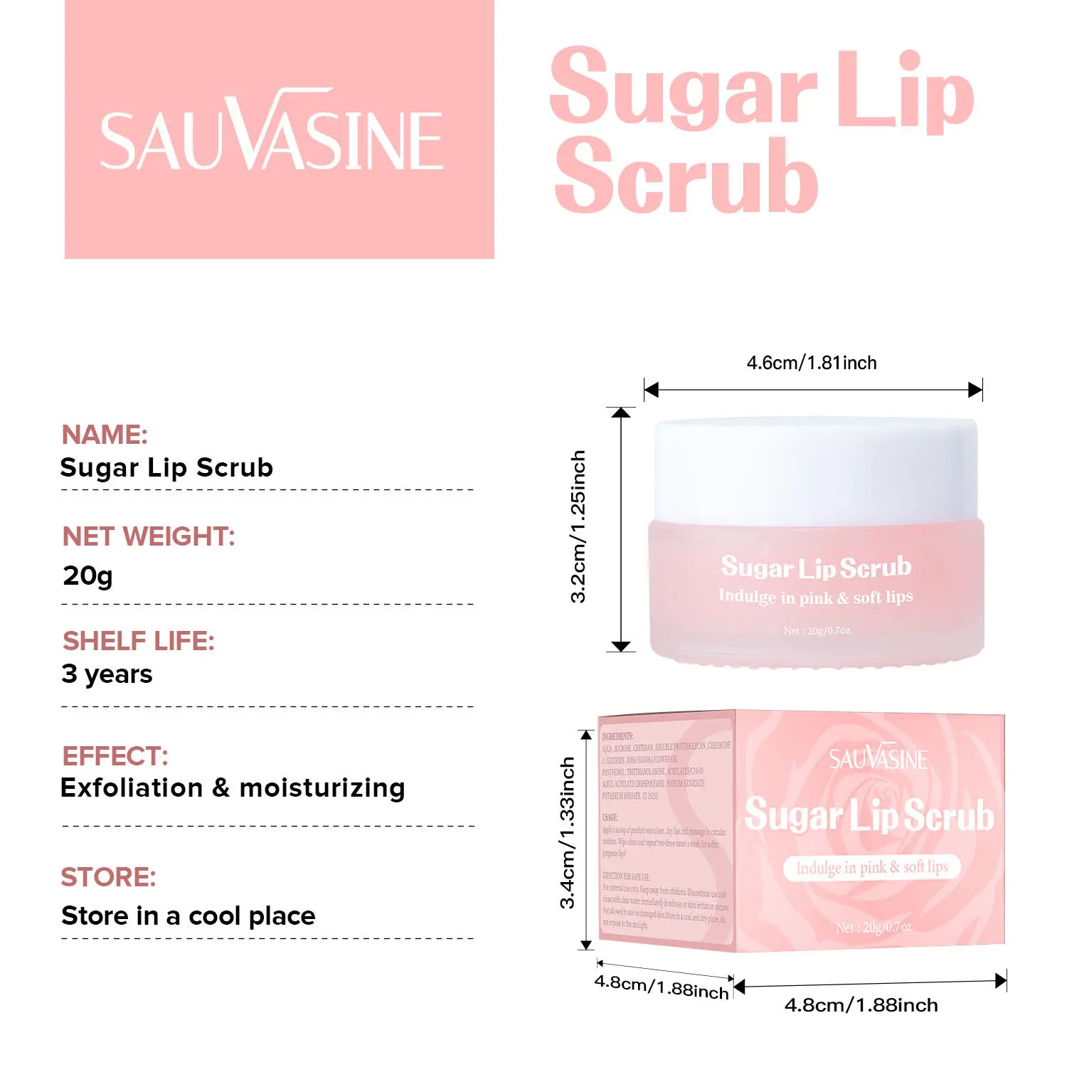 Brown Sugar Lip Scrub Indulge in roze en zachte lippen, hydrateert en hydrateert de lippen Kalmeert en verzacht de lippen, 20 g