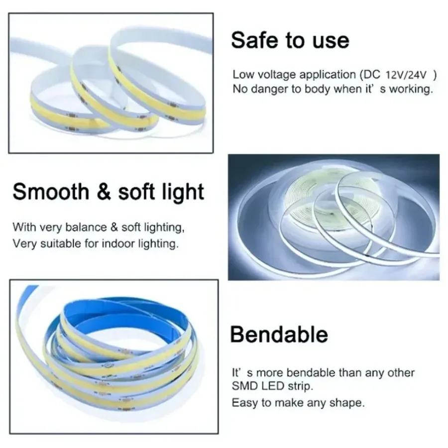 12V 24V COB LED Strip Light 320 480 LEDs Flex Tape High Density Linear Lighting Warm Natural White 8mm PCB 0.5m 1m 2m 4m 5m 10m