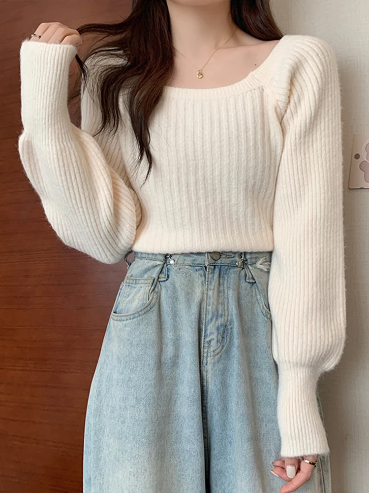 Herbst Winter Lose Frauen Pullover Casual Weiche Lange Puff Sleeve Pullover Jumper Strickwaren Grundlegende Pullover Für Frauen Tops – Detail 7